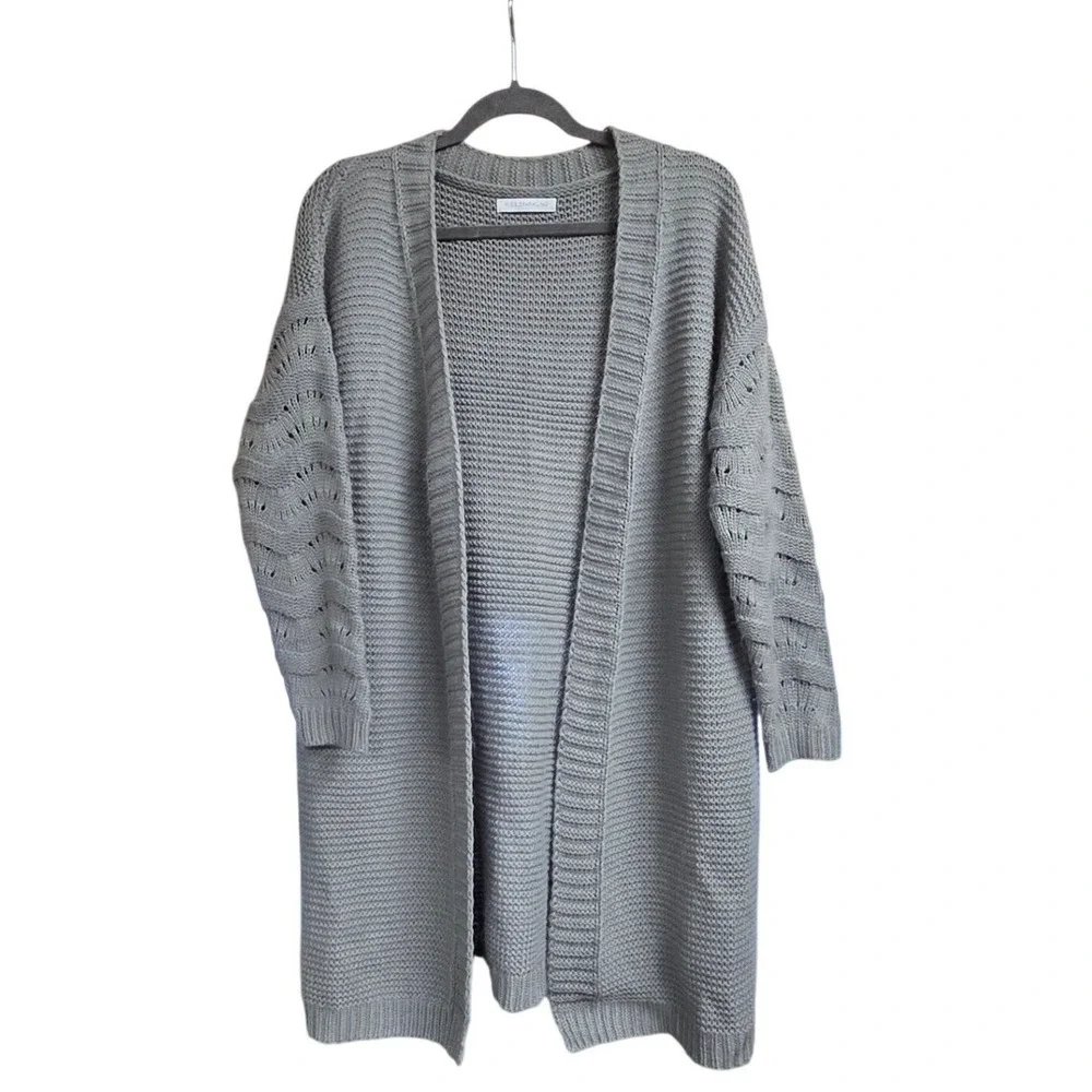 Miss Sparkling Open Front Longline Cardigan Sweater Small Gray Cable‎ Knit